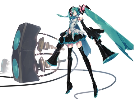 Hatsune Miku - tie, pretty, artistic, wires, pink, uniform, anime giril, big breasts, headphones, nice, program, leggings, thighhighs, bass, beauty, virtual, cg, white, gray, aqua eyes, song, outfit, vocaloid, anime, blue, twintail, hatsune miku, megaphone, microphone, music, aqua, big boobs, art, idol, skirt, beautiful, singer, girl, cool, black, miku, glasses, awesome, diva, digital, aqua hair, thigh highs, hatsune, vocaloids, headset