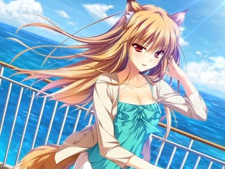 Miyama Kon - clouds, anime, neko, water, girl, sea, ocean, cat, railing, miyama kon, sky, kitty