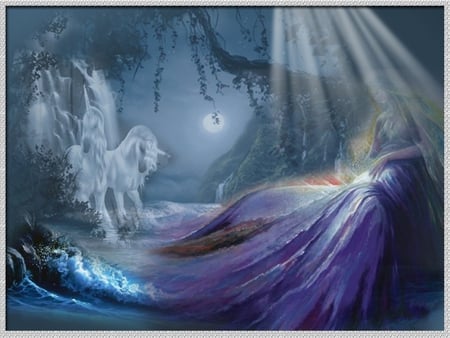 WHITE UNICORNS - white, moon, ocean, female, unicorns, night, waterfall, waves