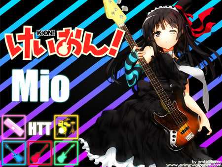 mio - guitar, dress, black hair, colors, long hair, maid, blue eyes