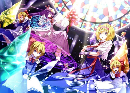 touhou - girls, short hair, yelow hair, dress, colors, long hair, purple hair, diamants