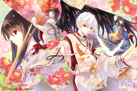 anime - flowers, angel, weapon, kimono, grils, demon, red eyes