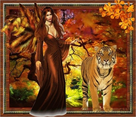 Fantasy woman and tiger * For LIONESS (Patrice) - fantasy, animal, woman, feline, autumn, girl, tiger, tree