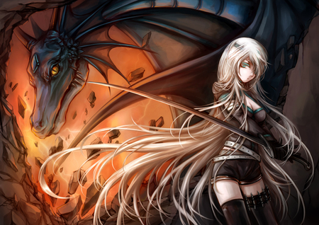 Sword Girl & Dragon - sword, cool, white hair, sword girl, thighhighs, hot, anime, anime girl, warrior girl, fighter, long hair, sword girl and dragon, eyepatch, sexy, dragon, female