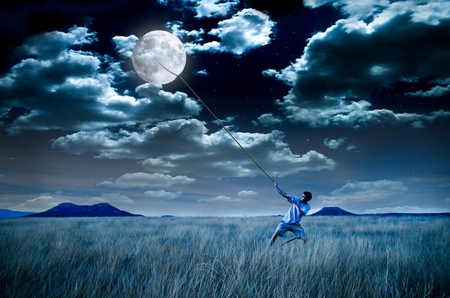 HOLD ONTO THE MOON - male, moon, sky, stars, night, field, mountains, clouds, blue, moonlight