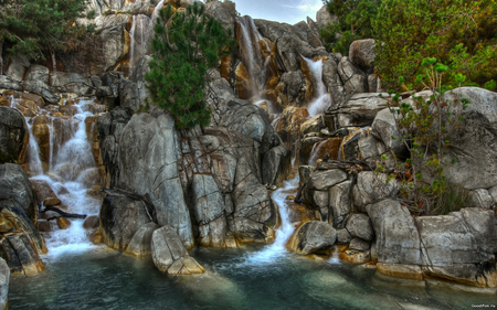 A Corner of Nature - trees, branches, water, beautiful, stones, rockes, mounts, nature, waterfall