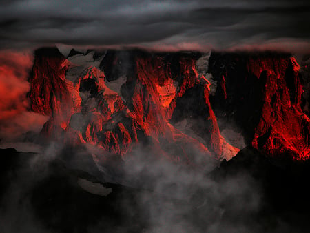 Mountains - nature, mountains, cloudy, red