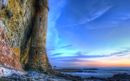 ROCK TOWER - sky, clouds, rock, tower, sea, waves