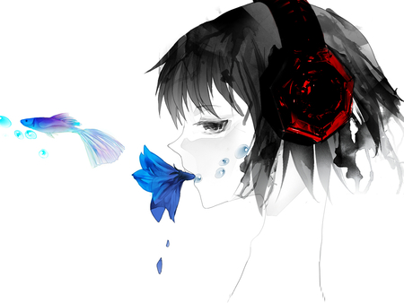 underwater sound - water, blue, droplet, flowers, babe, headphones, white, purple, red, black hair, fish