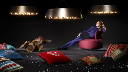 Fashionista... - purple dress, lights, pillows, girl, fashion