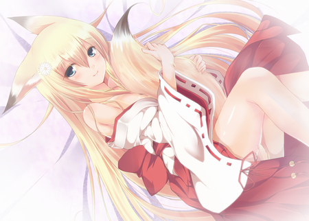 Foxgirl - second heaven, tail, sexy, animal ears, girl, anime girl, kawai, original, miko, blonde hair, foxgirl, anime, japanese clothes, cute