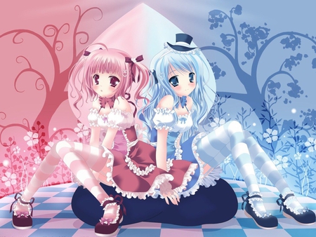 Akane Two World As One - girls, pink, blue, anime, cute