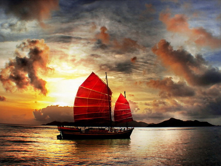 Slow boat - dea, ocean, slow, red, cloudy sky, water, sunset, boat