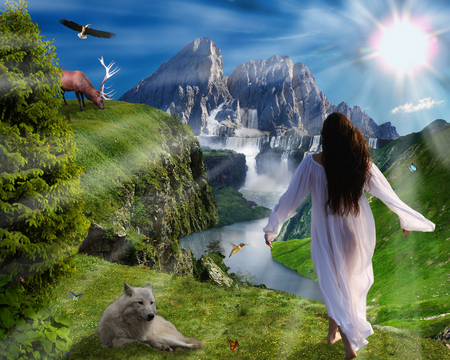 Paradise - land, woman, beautiful, paradise, mountains, animals