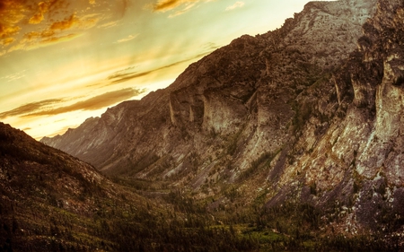 Mountains Ray - rays, sky, landscape, mounts, hills, trees, sun, scencery, mountains, rocks, nature, view, clouds, stones