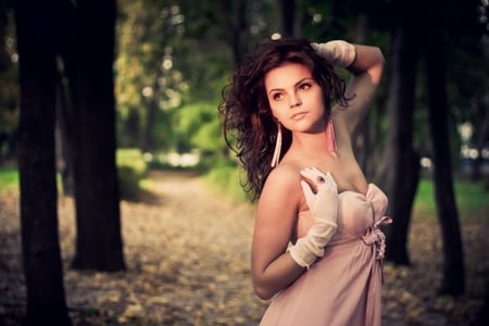 B E A U T Y - woman, stare, trees, lips, hair, eyes, beautiful lady, wonderful, ring, face, lovely face, earings, pink dress, lady, girl, sensual, gloves, nature, forest, beautiful, dress