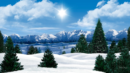 Winter Morning Sun - sky, sunshine, trees, popular, sun, winter, mountains, wallpaper, christmas, nature, cold, snow, firefox persona