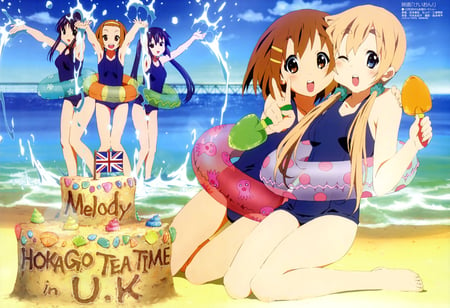 K-on - sky, brown eyes, blue eyes, water, wet, black hair, brown hair, blonde hair, wink, blush, lonh hair, short hair, black eyes