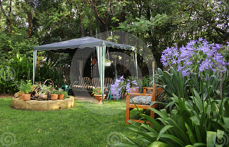 secret garden - tent, trees, blue, flowers, place, garden