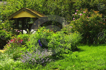 secret garden - trees, green, place, flowers, garden