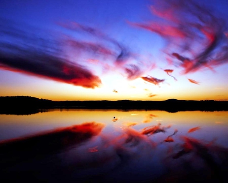 Reflections at Dusk - clouds, sunset, yellow, blue, red, dusk, sky