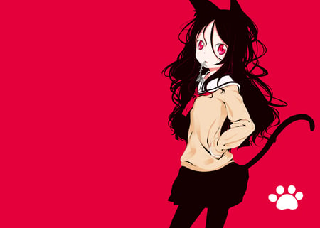 animal girl - red eyes, red, long hair, animal girl, black hair, unifrom