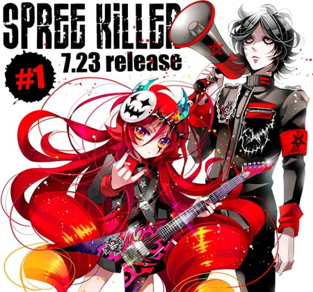 spree killer - red eyes, guitar, dark, long hair, uniform, red hair, dress