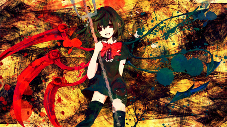 touhou - short hair, yelow, dress, black hair, colors, weapon, demon, red eyes