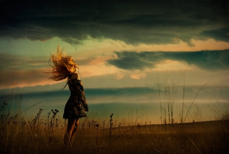 The Wind - clouds, breeze, blue, windy, beautiful, photography, girl, beauty, gold, wind, nature, woman, field