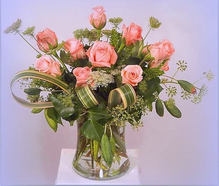 Roses for October birthdays - roses, green leaves, blue, pink, flowers, vase