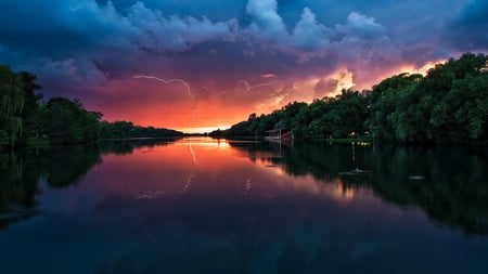 Lightning Reflection - nature, lightning, lake, reflection