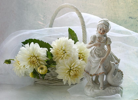 Beauty and tenderness - veil, tenderness, cloth, swan, photography, wonderfull, girl, beauty, still life, peace, souvenir, harmony, flowers, basket, white, statue