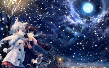 Snowy Night - moon, girls, dark, snow, anime, cute