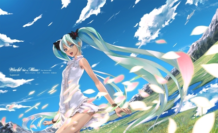 Vocaloid - girl, clouds, vocaloid, petals, anime, cute