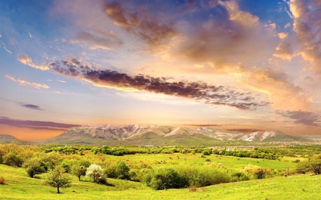 How Beautiful - sky, mounts, landscape, sunlight, trees, nature, view, clouds, blue, beautiful, phptography, green, grass