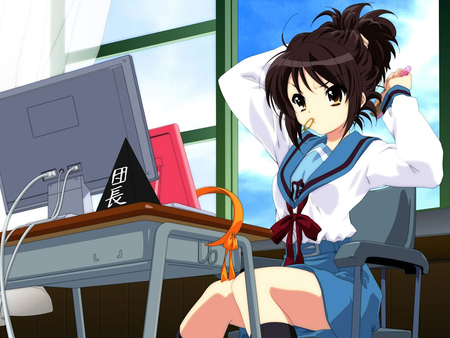 Im on the computer - anime, class, girl, hair, haruni, work, computer, cute, sexy