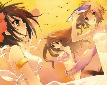 The beach - girls, beach, sexy, hot, sun, haruni, storm, suzumia, bikni, anime, sea, sand, cute, flower