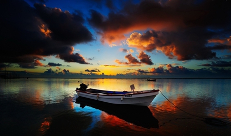 Boats - sunset, boats, sea, clouds