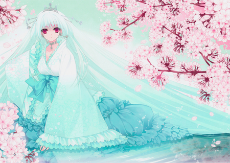 Beauty Cherry Blossom - beauty, female, hot, water drop, anime girl, crown, beauty cherry blossom, red eyes, cherry blossom, pretty, cool, silver hair, cute, jewelry, forehead mark, necklace, long hair, white dress, bow, sweet, flowers, japanese clothes, earring