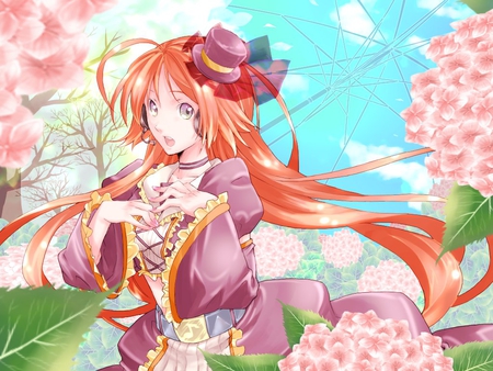 Ritsu Namine - artistic, vocaloid, blue sky, dress, spring, green eyes, pink, long hair, japan, purple, red, natura, violet, art, sun, namine, artwork, beautiful, singer, red  hair, ritsu, straight, colorful, green, ritsu namine, utaloid, japanese, sunny sky