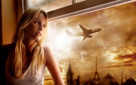 Goodbye Song - waiting, female, beautiful, window, photography, girl, photo, love, plane, model, cute, trip, imagine, dreamy, sky, goodbye