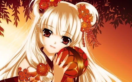 Kaya Kuramoto Warmth - girl, red, beautiful, anime, leaves, orange, sweet, kimono, flowers, cute, kaya, kuramoto, blonde