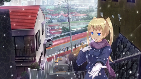 Come With Me - cute, blonde, anime, girl, buildings, snow, cold