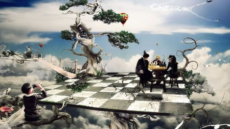 Chessland - clouds, boy, abstract, fantasy, board, chess, tree, sky