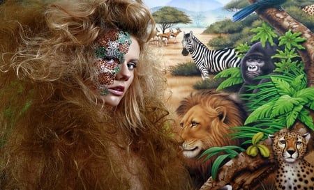 Wild Woman - woman, zebra, lion, animals, cheetah, africa, gorilla, wild, jungle