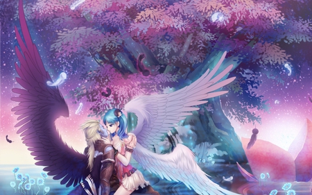 Deeply In Love - wings, kiss, beautiful, feathers, tree, anime, lovers, stars