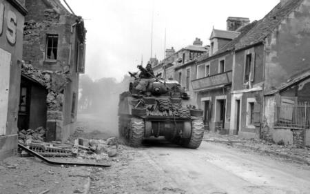 Sherman Liberation - tank, war, american, black, white, world, ww2, sherman, vintage, classic, wwii