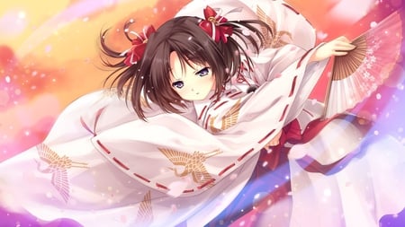 Kamishiro Honoka - anime, kawaii, girl, fan, pigtails, kimono, petals, short hair, kamishiro honoka, cute, hakama