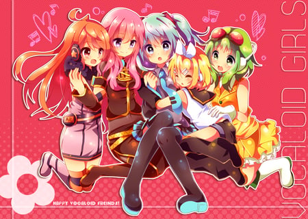 Volcaloid Girls - girls, hatsune miku, kagamine rin, music, volcaloid, hearts, miki, megurine luka, gumi, friends, happy, flower