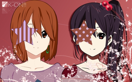 yui and azusa - short hair, brown eyes, black eyes, black hair, blush, long hair, stars, brown hair